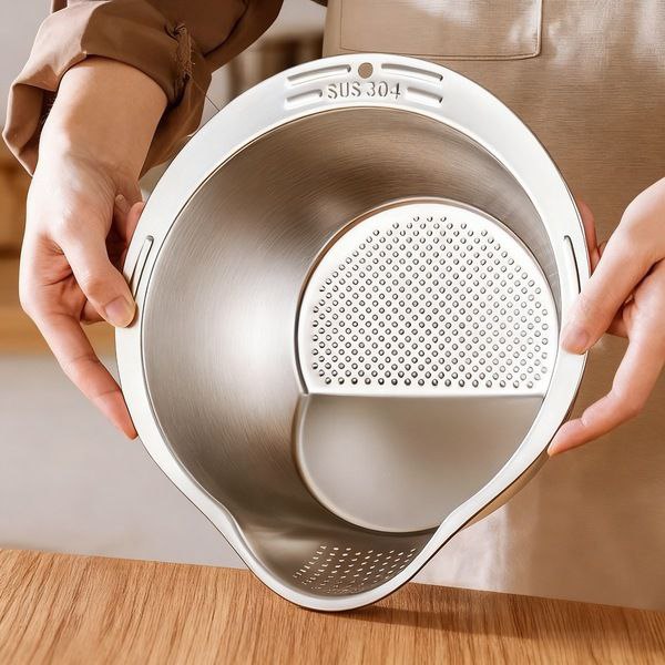 304 Stainless Steel Multifunctional Draining Basket Rice Washing Sieve Vegetable Fruit Washing Basin Household Kitchen